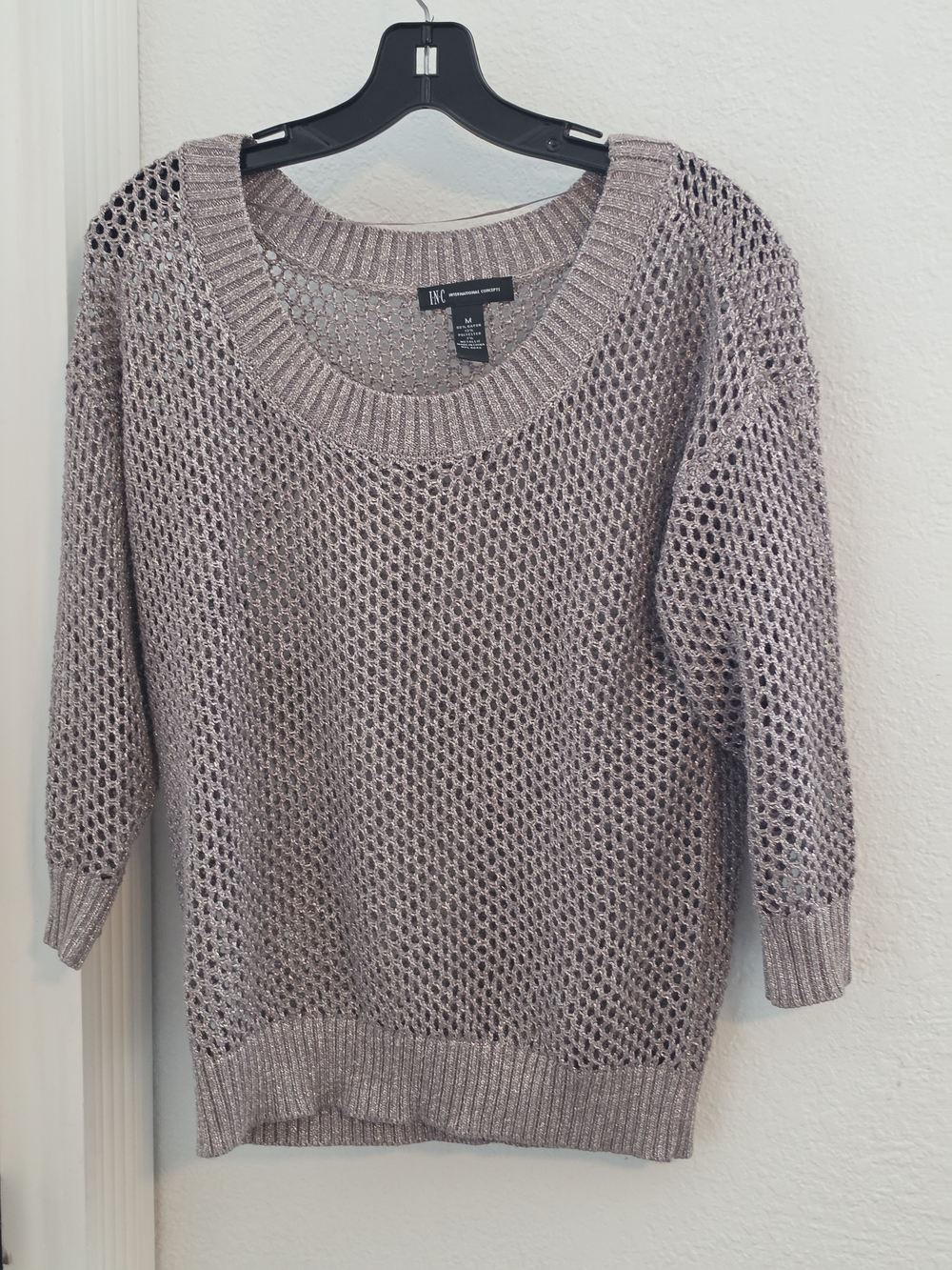 INC International Concepts Silver Metallic Open Weave Crew Sweater